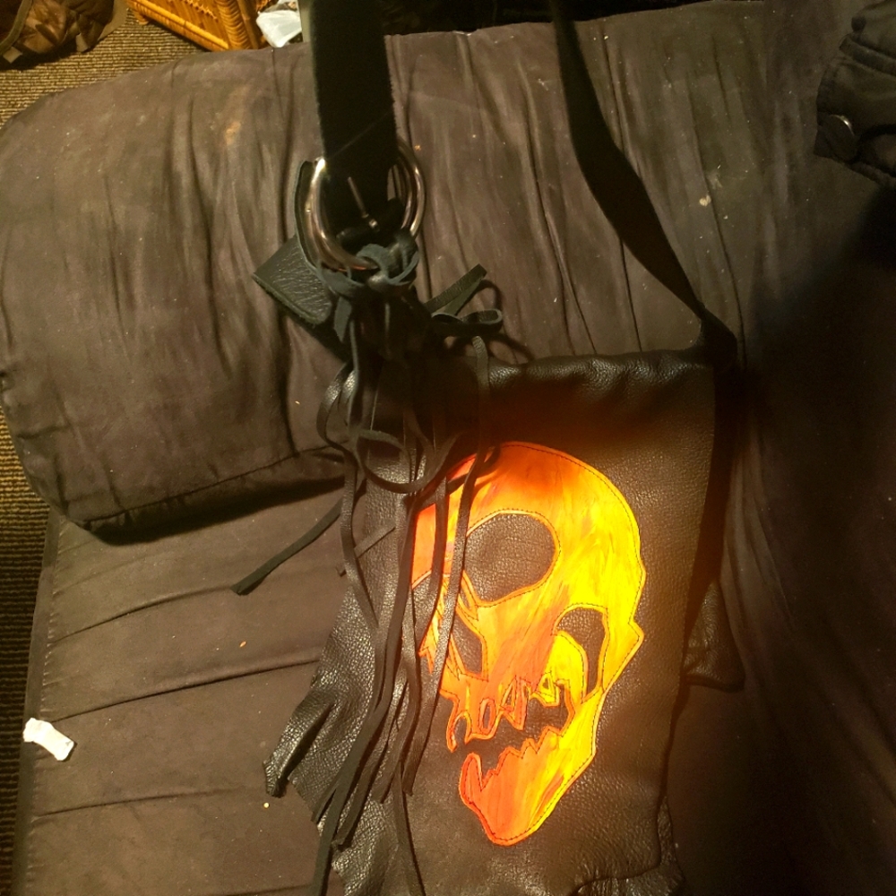 Leather skull fringe biker bag with silver hardware. Perfect shape.